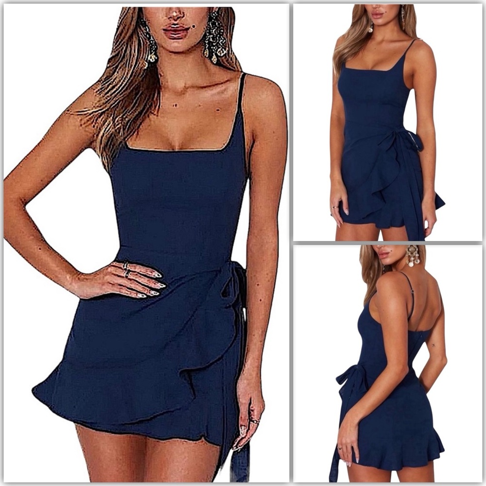 NWOT Casual Ruffle Hem Wrap Spaghetti Strap Front Tie Knot Short Dress